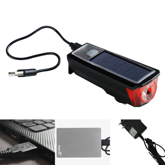 USB Rechargeable Bicycle Bike Front & Tail Light Solar Powered LED Headlight SKY