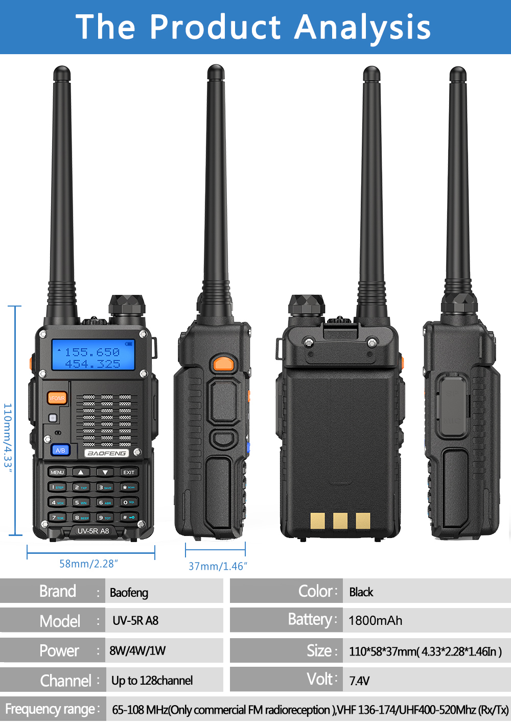 Baofeng UV-5R Plus Talkie-Walkie Rechargeable 1800mAh FM Radio VHF