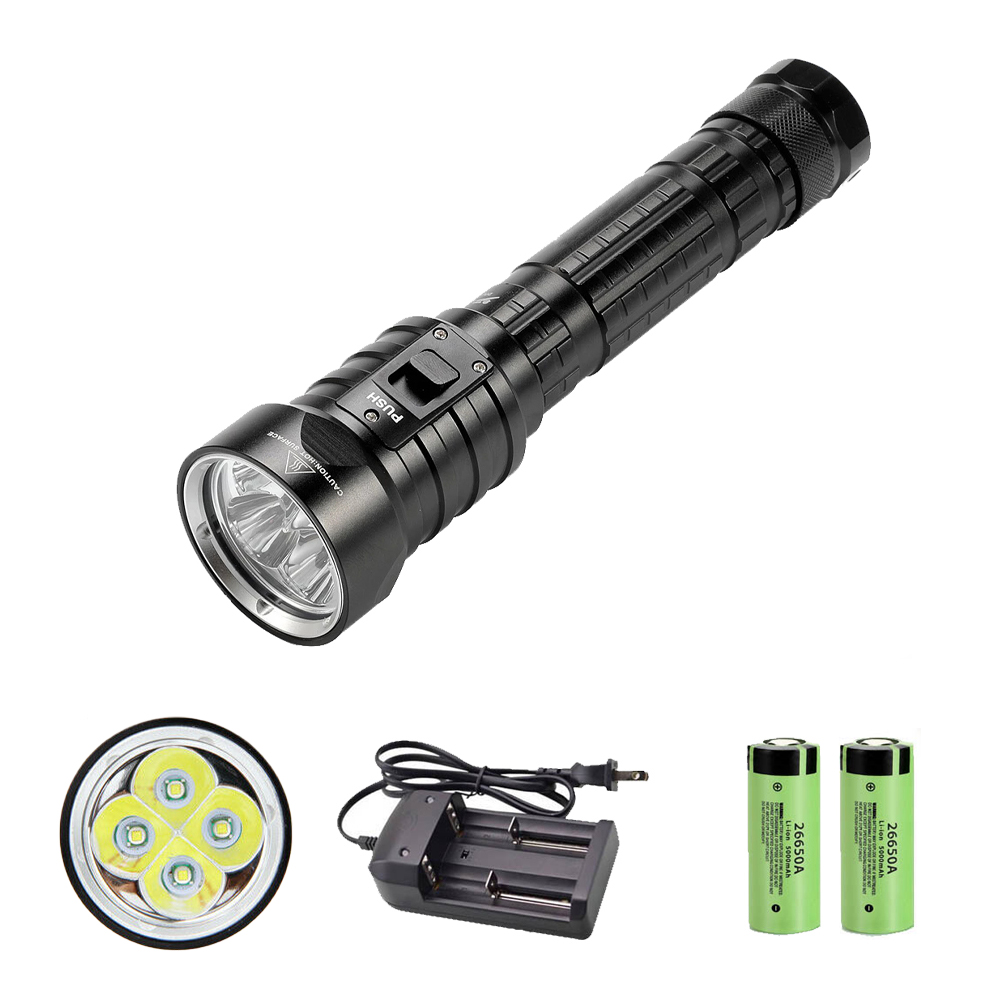 4 x XM-L LED diving flashlight 26650 IPX8 underwater light 3 modes fishing flashlight